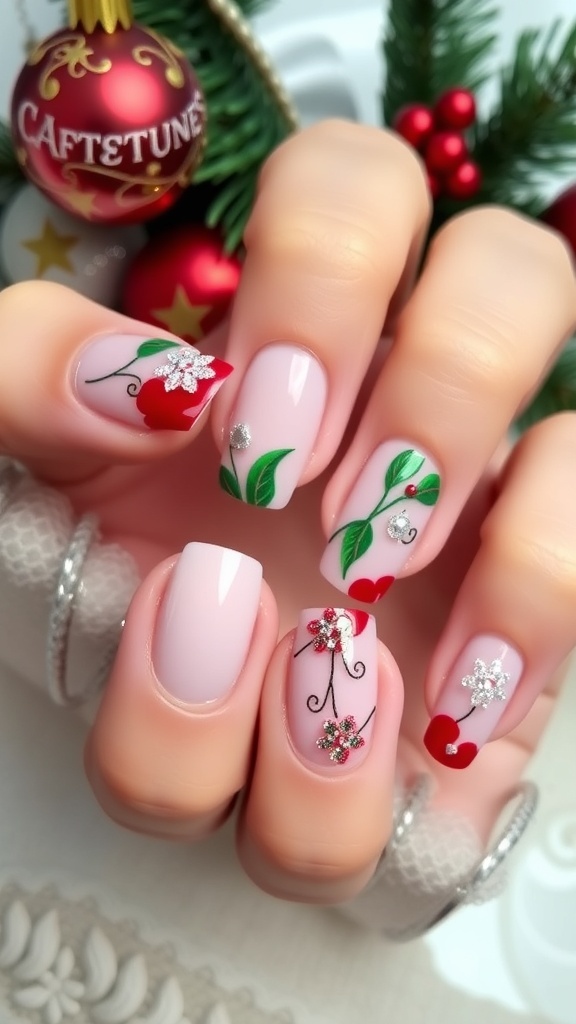 Elegant Christmas BIAB Nails Elegant Christmas BIAB nails in red and green with glitter accents, set against a festive backdrop.
